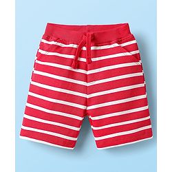 Babyhug Single Jersey Knit Half Sleeves Printed T-Shirt & Striped Shorts Set - White & Red