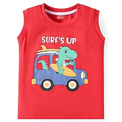 Babyhug Single Jersey Knit Sleeveless T-Shirt & Shorts Set with Beach Theme Print - Red & Blue