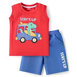 Babyhug Single Jersey Knit Sleeveless T-Shirt & Shorts Set with Beach Theme Print - Red & Blue