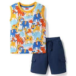 Babyhug Single Jersey Knit Sleeveless Tank T-Shirt & Shorts Set with Animal Print - Navy Blue & White