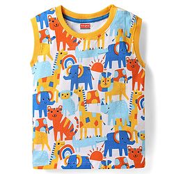 Babyhug Single Jersey Knit Sleeveless Tank T-Shirt & Shorts Set with Animal Print - Navy Blue & White