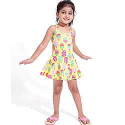 Babyhug Water Repellant Sleeveless Frock Swimsuit With Popsicle Print - Yellow