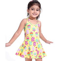 Babyhug Water Repellant Sleeveless Frock Swimsuit With Popsicle Print - Yellow