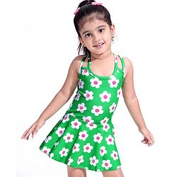 Babyhug Water Repellant Frock Swimsuit With Floral Print - Green