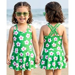 Babyhug Water Repellant Frock Swimsuit With Floral Print - Green