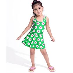 Babyhug Water Repellant Frock Swimsuit With Floral Print - Green