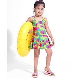 Babyhug Water Repellant Frock Swimsuit With Floral Print - Green