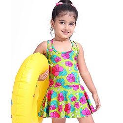 Babyhug Water Repellant Frock Swimsuit With Floral Print - Green