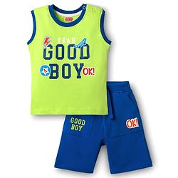 Babyhug Single Jersey Knit Sleeveless Tank T-Shirt & Shorts Set With Text Print - Lime Green & Blue