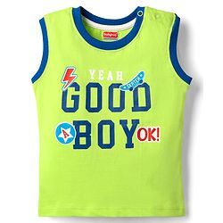 Babyhug Single Jersey Knit Sleeveless Tank T-Shirt & Shorts Set With Text Print - Lime Green & Blue