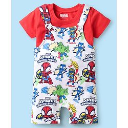 Babyhug Marvel Single Jersey Knit Dungaree & Half Sleeves T-Shirt With Spider-Man Graphics - White & Red