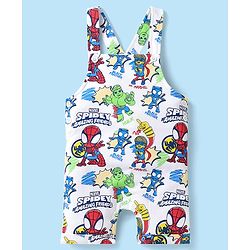 Babyhug Marvel Single Jersey Knit Dungaree & Half Sleeves T-Shirt With Spider-Man Graphics - White & Red