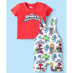 Babyhug Marvel Single Jersey Knit Dungaree & Half Sleeves T-Shirt With Spider-Man Graphics - White & Red