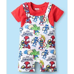 Babyhug Marvel Single Jersey Knit Dungaree & Half Sleeves T-Shirt With Spider-Man Graphics - White & Red