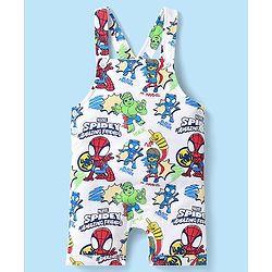 Babyhug Marvel Single Jersey Knit Dungaree & Half Sleeves T-Shirt With Spider-Man Graphics - White & Red
