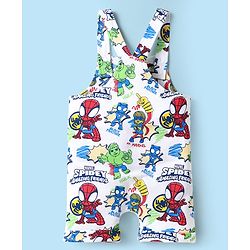 Babyhug Marvel Single Jersey Knit Dungaree & Half Sleeves T-Shirt With Spider-Man Graphics - White & Red