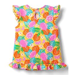 Babyhug Cotton Knit Sleevesless Nighty With Frill Detailing & Tropical Print - Yellow