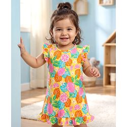 Babyhug 100% Cotton Knit Sleevesless Nighty With Frill Detailing & Tropical Print - Yellow