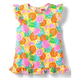 Babyhug 100% Cotton Knit Sleevesless Nighty With Frill Detailing & Tropical Print - Yellow
