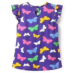 Babyhug Cotton Knit Frill Sleeves A Line Nighty with Butterfly Print - Purple