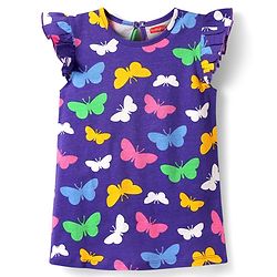Babyhug Cotton Knit Frill Sleeves A Line Nighty with Butterfly Print - Purple