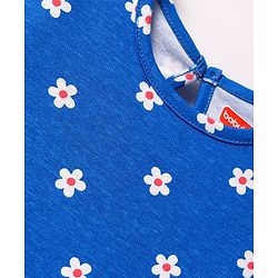 Babyhug Cotton Knit Frill Sleeves A Line Nighty with Floral Print - Blue