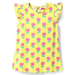 Babyhug Cotton Knit Frill Sleeves A Line Nighty with Floral Print - Yellow