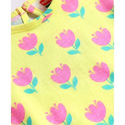 Babyhug Cotton Knit Frill Sleeves A Line Nighty with Floral Print - Yellow