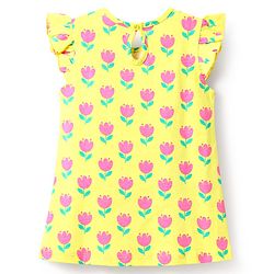 Babyhug Cotton Knit Frill Sleeves A Line Nighty with Floral Print - Yellow
