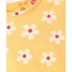 Babyhug Cotton Knit Frill Sleeves A Line Nighty with Floral Print - Yellow