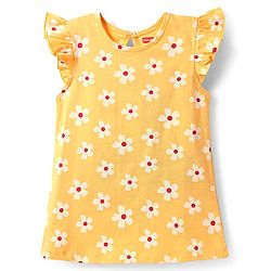 Babyhug Cotton Knit Frill Sleeves A Line Nighty with Floral Print - Yellow