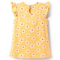 Babyhug Cotton Knit Frill Sleeves A Line Nighty with Floral Print - Yellow