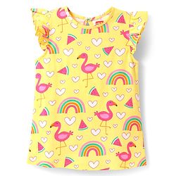 Babyhug Cotton Knit Flutter Sleeves A Line Nighty with Swan & Heart Print - Yellow
