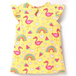 Babyhug Cotton Knit Flutter Sleeves A Line Nighty with Swan & Heart Print - Yellow