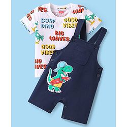 Babyhug Single Jersey Knit Dungaree & Half Sleeves T-Shirt With Beach Theme & Dino Print - Navy Blue