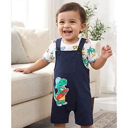 Babyhug Single Jersey Knit Dungaree & Half Sleeves T-Shirt With Beach Theme & Dino Print - Navy Blue