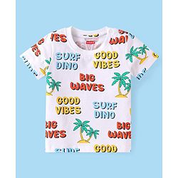 Babyhug Single Jersey Knit Dungaree & Half Sleeves T-Shirt With Beach Theme & Dino Print - Navy Blue