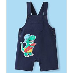 Babyhug Single Jersey Knit Dungaree & Half Sleeves T-Shirt With Beach Theme & Dino Print - Navy Blue