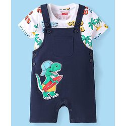 Babyhug Single Jersey Knit Dungaree & Half Sleeves T-Shirt With Beach Theme & Dino Print - Navy Blue