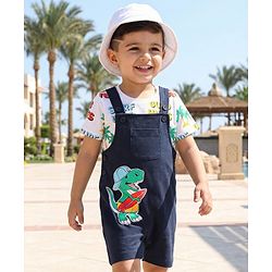 Babyhug Single Jersey Knit Dungaree & Half Sleeves T-Shirt With Beach Theme & Dino Print - Navy Blue