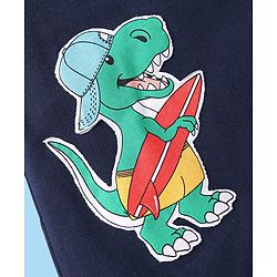 Babyhug Single Jersey Knit Dungaree & Half Sleeves T-Shirt With Beach Theme & Dino Print - Navy Blue
