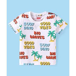 Babyhug Single Jersey Knit Dungaree & Half Sleeves T-Shirt With Beach Theme & Dino Print - Navy Blue