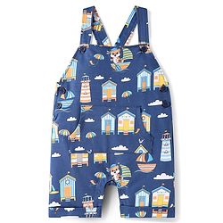 Babyhug Single Jersey Knit Dungaree & Half Sleeves T-Shirt With Beach Theme Print - Blue
