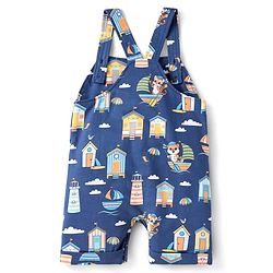 Babyhug Single Jersey Knit Dungaree & Half Sleeves T-Shirt With Beach Theme Print - Blue