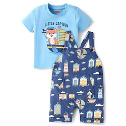 Babyhug Single Jersey Knit Dungaree & Half Sleeves T-Shirt With Beach Theme Print - Blue