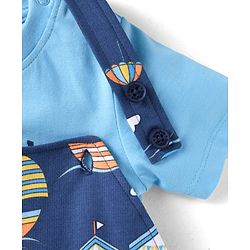 Babyhug Single Jersey Knit Dungaree & Half Sleeves T-Shirt With Beach Theme Print - Blue