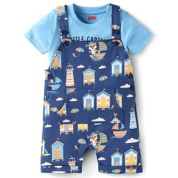 Babyhug Single Jersey Knit Dungaree & Half Sleeves T-Shirt With Beach Theme Print - Blue