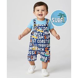 Babyhug Single Jersey Knit Dungaree & Half Sleeves T-Shirt With Tropical Theme - Navy Blue