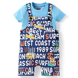 Babyhug Single Jersey Knit Dungaree & Half Sleeves T-Shirt With Tropical Theme - Navy Blue