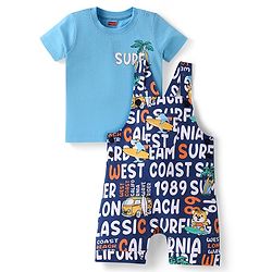 Babyhug Single Jersey Knit Dungaree & Half Sleeves T-Shirt With Tropical Theme - Navy Blue